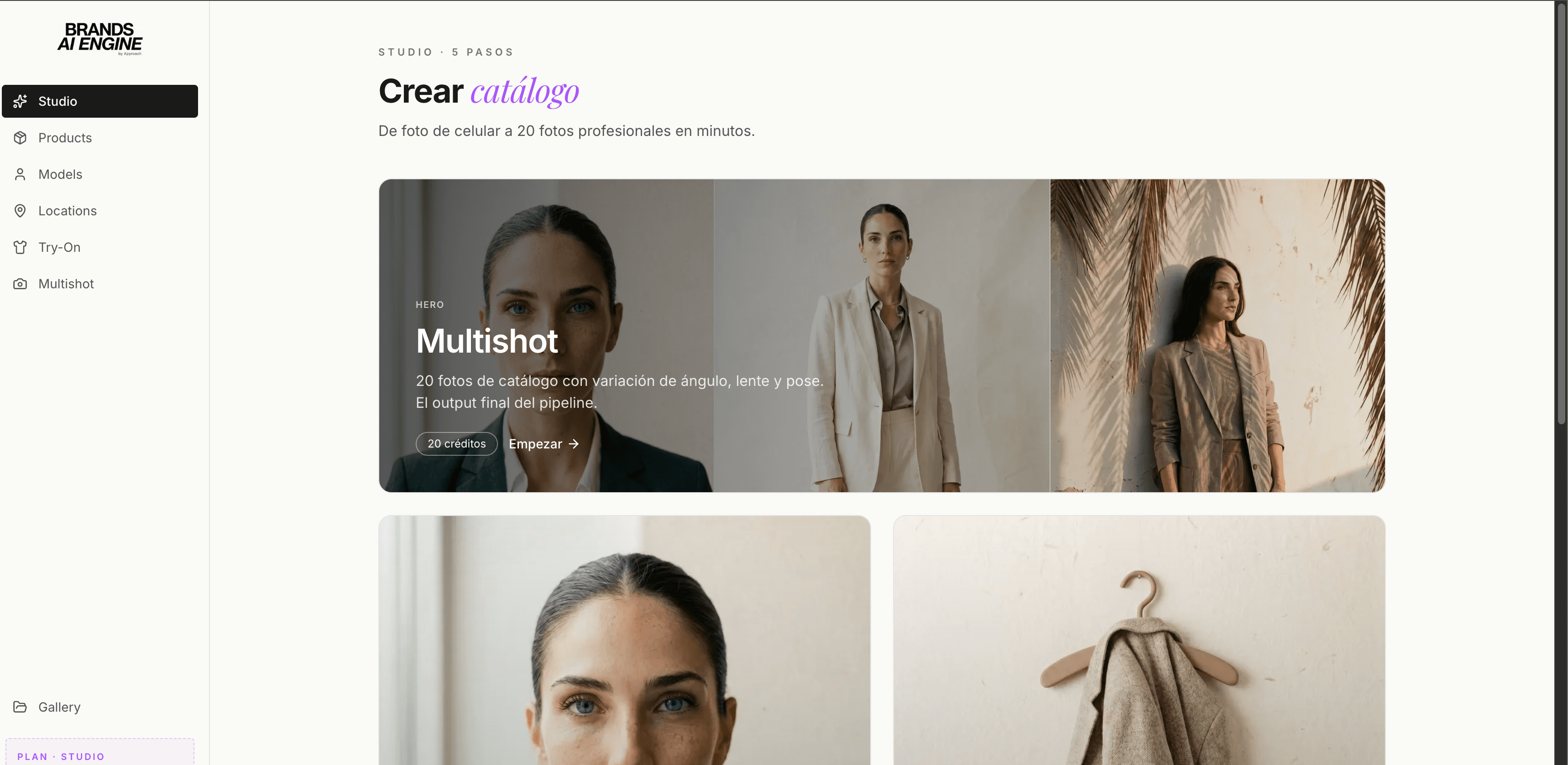Studio principal de Brands AI Engine — pipeline de 5 pasos para crear catálogo editorial